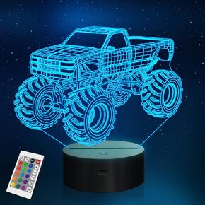 YuanDian 3D Night Lights for Children, Kids Night Lamp, Monster Trucks for Boys, 16 LED Colors Changing Lighting, Car Shape Acrylic Lighting Table Desk Bedroom Decoration, Ideas Birthday Xmas