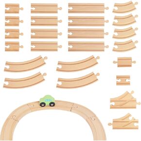 Wooden Train Tracks 24 Piece Set, Track Expansion and 9 Distinct Pieces - 100% Compatible with All Major Brands Including Thomas Wooden Railway System