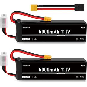 FPVERA 11.1V 3S LiPo Battery 5000mAh 120C with XT60 and TRA Plug for RC Car RC Truck Airplane Helicopter Boat Car Racing RC Drone (2 Packs)