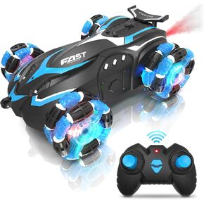 Eulogia RC Stunt Car with RGB Lights, 360° Drift & Rotation, All-Terrain Remote Control Car, Extra 2 Rechargeable Batteries, Spray, One-Key Demo, Gift for Kids Ages 5-12 (Blue)