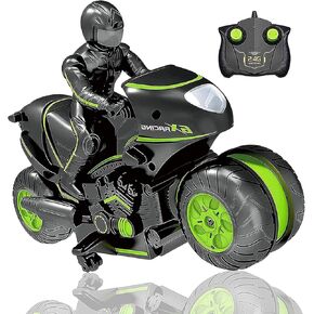 RC Motorcycle, Remote Control Motorcycle 360° Spinning Wheels Stunt Motorbike - Rotating Drift 2WD High Speed Car Toys with Riding Figure - Gift for Kids Boys Girls(Green)