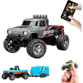 Mini Rc Truck, 1:64 Scale Monster Truck Remote Control Car with Lights, 2.4Ghz Remote Control, Mini Alloy Monster Truck Rc, Speed/Steering Adjustable (Grey)