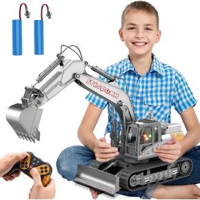 Remote Control Excavator 15 Channel Construction Toy, RC Vehicles with Metal Shovel for Kids, 720° Rotation RC Bulldozer with Lights and Sound, Digger Birthday Gifts for Boys 6-12