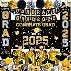 Graduation Decorations 2025 Kit - Gold Class of 2025 Banner, Balloons, Porch Sign - Complete Party Set for High School & College Celebrations (gold)