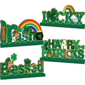 4pcs St Patricks Day Decorations Wooden Table Signs,Happy Saint Patricks Day Table Decorations Green Irish Lucky Shamrock, Leprechaun St. Patricks Day Decorations for Holiday Party
