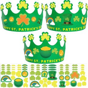 ceiba tree St. Patrick's Day Crown Crafts Kit 24 Pack Shamrock Paper Hats with Stickers for Kids Party Favors