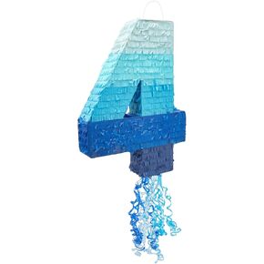 BLUE PANDA Number 4 Pull String Pinata for Boys, 4th Birthday Party Decorations, Ombre Blue (16.5 x 12 x 3 In)