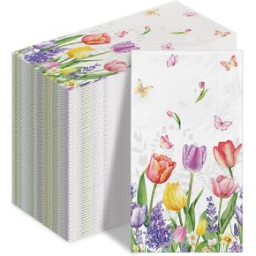 100 Spring Floral Disposable Paper Decorative Guest Napkins Watercolor Tulip Dinner Napkins Floral Decorative Hand Towel for Party Lunch Dinner Kitchen Bathroom