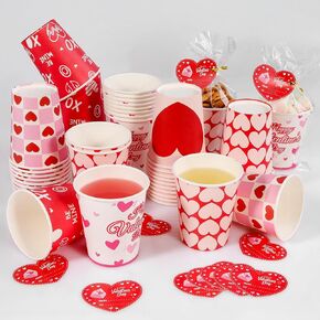 50 PCS Valentine's Day Paper Cups with Valentines Cards for Kids Classroom and Clear Gift Bags-9 oz Disposable Cocoa Coffee Cups for Party Supplies with Love Design-Valentine Party Wedding Decorations