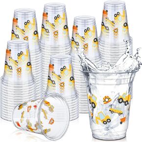 Uiifan 50 Pcs Construction Birthday Party Supplies Construction Cups Decoration 12 oz Disposable Plastic Dump Truck Cups Plates for Holiday Supplies Favors(Stylish)