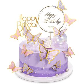 22 قطعة زخارف كعكة الفراشة مع عيد ميلاد سعيد كعكة أكريليك أعلى القبعات لدش الطفل ديكور حفل عيد ميلاد حفل زفاف (الأرجواني والوردي)