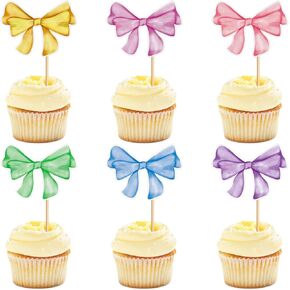 20 Pack Bow Cupcake Toppers Valentine's Bowknot Ribbons Coquette Black Bow High Footed Cup Balloon Wall Party Decorations Bridal Cake Dessert Picks Baby Girl Birthday Wedding Party Supplies black