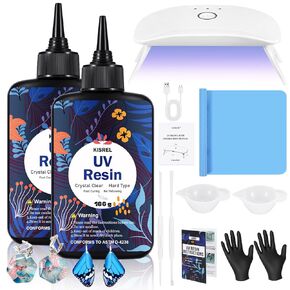 راتنجات UV Kisrel مع الضوء - 200 جرام من النوع الصلب الصلب شفاف الأشعة فوق البنفسجية لعلاج مجموعة الراتنجات الأشعة فوق البنفسجية ، 8 مصباح خرز الأشعة فوق البنفسجية ، راتنج الأشعة فوق البنفسجية مع الضوء لصنع المجوهرات الحرفية