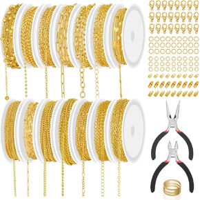 Tinctish 14Roll Jewelry Making Kit - 102Ft Gold Necklace Chains (Copper & Stainless Steel) with 2 Jewelry Pliers, 260+ Lobster Clasps, Jump Rings & Connectors - Complete DIY Chain Supplies for Crafter