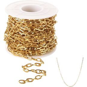 33 Ft-Stainless Steel Paperclip Chains Roll, 3.8 * 7mm Width 18K Gold Plated Stainless Steel Oval Link Chains Spool Bulk for Jewelry Making