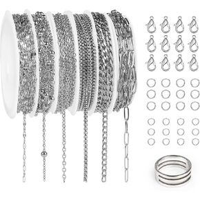 Starry 52.5 FT Necklace Chains for Jewelry Making 6 Rolls Styles 304 Stainless Steel Jewelry Chains for DIY Silver Chain for Jewelry Making with Stainless Steel Jump Rings,Lobster Clasps,Connectors