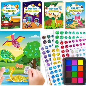 D-Fantix Dot Art Sticker Book مع وسادة الحبر ، لوحة إصبع خالية من الفوضى للأطفال الصغار ، الديناصورات ، الحيوانات ، المساحة الخارجية ، فنون المركبات والحرف ، أنشطة السفر للأطفال ، أولاد سلة سلة