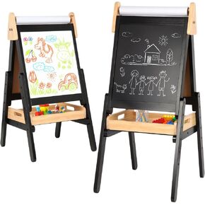 3 in 1 Easel for Kids with Wood Tray Double Sided Kids Easel with Paper Roll,Magnetic Chalkboard & White Board Height Adjustable Painting Standing Easel for Toddlers Childrens 2+ (Black)