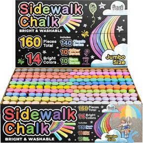 160 PCS jumbo Sidewalk Chalk for Kids - مجموعة كبيرة مع 140 كلاسيكيًا ، و 10 بريق ، و 10 مجموعات قابلة للغسل - طباشير غير سامة للطباشير في الهواء الطلق للأطفال والأطفال الصغار - الطباشير الكبير لدلو للحفلة