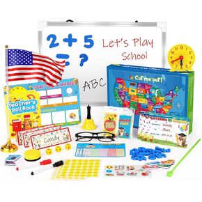 Pretend Play Teacher Set, Kids Pretend Teacher Playset with Whiteboard Learning Clock Magnetic Numbers and Map Puzzles, Pretend Play Teaching Toys Learning Education Toys for Kids