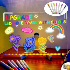 DEKABR LED Note Board with Colors, Led Writing Board for Kids, Glowing Acrylic Dry Erase Board, Illuminated Acrylic Note Board with Colors Notepad with Adjustable Staand and 7 Pens (11.8 × 7.9inch)