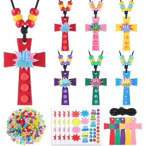 30 Set Easter Necklace Craft Kit for Kids Easter Religious Crosses Craft He Lives Necklaces Kit Beads Ornaments DIY Sticker Arts for Church School Christian Favors Party