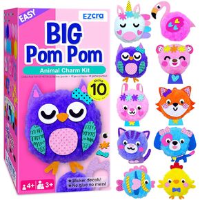 EZCRA Easy Arts and Crafts for Kids - Make 10 Big Pom Pom Craft Kits - No Mess Large Pom Pom Crafts - DIY Plush Crafts for Kids - Everything Included with Instructions - Toddler Crafts Ages 3-5