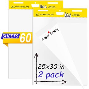 2 Pack Sticky Easel Pads,25 x 30 Inches Flip Chart Paper for Teachers,Self Stick Easel Paper for White Board,Large White Premium Self Stick Flip Chart Paper,30 Sheets/Pad