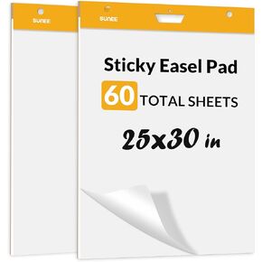SUNEE Sticky Easel Pads, 25x30 Inches, 30 Sheets/Pad, 2 Pack – Self Stick Flip Chart Paper for Whiteboards, Premium Large White Chart Paper