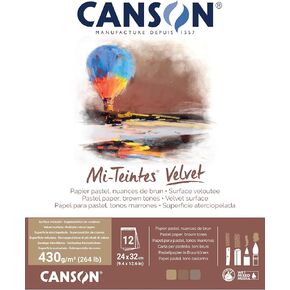 Canson Mi-Teintes Velvet Drawing Paper Pad, Brown Tones, Assorted Colors, Glue Binding, (260lb/430g), 12 Sheet, 9.4x12.6 inch, 1 Count