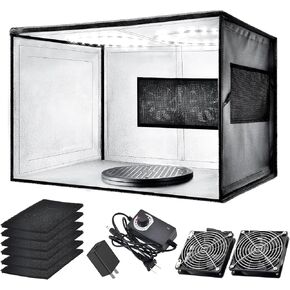 Airbrush Spray Booth with Dual Exhaust Fans,Portable Airbrush Paint Booth for Airbrushing,2 Round Led Lights with 360° Coverage,Turntable and Extension Hose,Hobby Spray Booth Kit for Painting Model