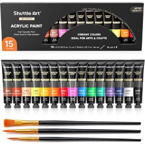 Shuttle Art Acrylic Paint Set, 15 x 12ml Tubes Artist Quality Non Toxic Rich Pigments Colors Perfect for Kids Adults Beginners Artists Painting on Canvas Wood Clay Fabric Ceramic Crafts