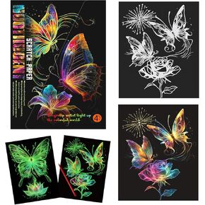 4 Sheets Scratch Art for Adults & Teens,Beautiful Night View Scratch Painting,Glow in The Dark Rainbow Scratch Paper(Butterfly)