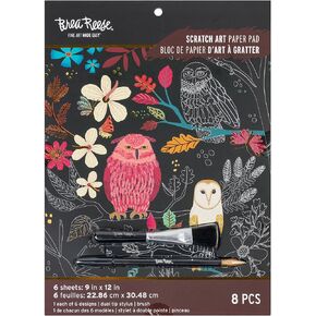 Scratch Art Paper Pad - Owl & Moon - 6 Designs, Metallic Guided Art, Dual-Tip Stylus & Brush, Easy-to-Frame 9x12 Pages, Adult Craft Kit