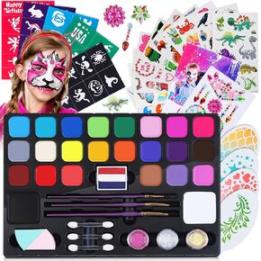 Face Painting Kit for Kids - Water Activated Face Paint 24 Colors Non-Toxic and Hypoallergenic Includes Glitters,Brush,Sponge Cleaning Stick,drawing templates - Safe and Easy to Use Face Paint Kit