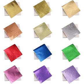 KINNO 12 Colors Imitation Gold Leaf Sheets Multi-Color Gold Leaf Paper - 600 Pieces for Arts Decoration, DIY Crafts, Furniture, Nails, Paintings 3.15 by 3.35 Inches