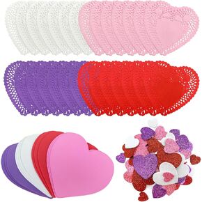 PheiLa 160 Pcs Valentines Day Craft Gift Set with 100 Pcs Paper Heart Doilies, 20 Pcs Foam Hearts and 40 Pcs Glitter Foam Heart Stickers for Valentine's Day Wedding DIY Craft Supplies