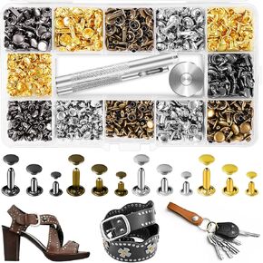 240 Sets Leather Rivets Kit, Double Cap Brass Rivets Leather Studs with 3PCS Setting Tools for Leather Repair and Crafts, 4 Colors and 3 Sizes
