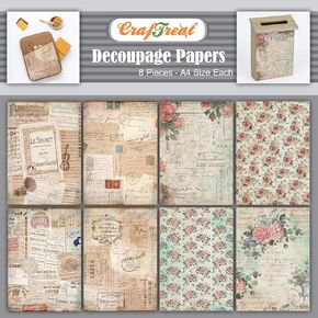 CrafTreat Vintage French Decoupage Paper for Crafts - French Background and Floral Fantasy - Size: A4-8 Pcs - Script Decoupage Paper for Scrapbooking - Furniture Decoupage Paper French Writing