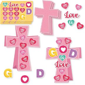 36Pcs Valentine's Day Religious Cross Craft Kit, Make Your Own Standable Valentines Christian Cross Hanging Decorations, God is Love Bible Verses Heart DIY Craft for Kids Classroom Church Art Project