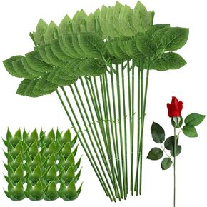 20PCS Floral Wire Stem with Leaves and 20PCS Artificial Flower Calyxes Set, for Floral Rose Arrangement, DIY Craft Bouquet Making, and Florist Supplies