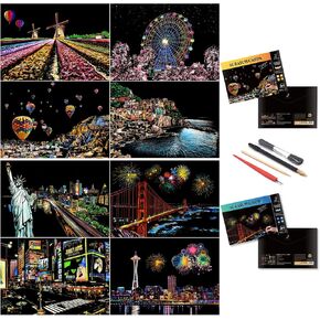 Scratch Art for Kids & Adults Scratch Rainbow Painting Art Paper Scratch Painting Landmark Building Creative Gift Engraving Art & Craft Set Diy Scratchboard(A4) with 4 Tools(America/Europe)