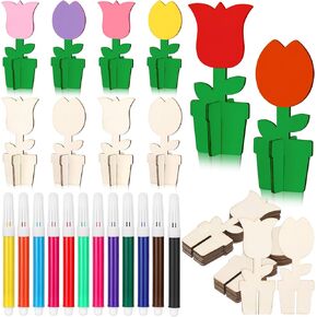 Huwena 36 Pcs Spring Crafts Set Include 24 Wood Flower 3D Flower Cutouts 12 Colored Pens Unfinished Tulip Slices Wooden Flower to Paint for Mother's Day DIY Spring Tiered Tray Decor Table Centerpiece
