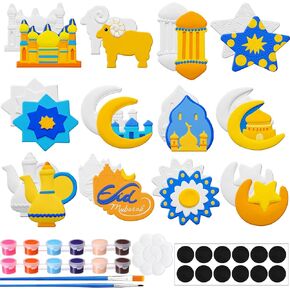 MOTIMIND 27 PCS رمضان الفنون والحرف مجموعة هدايا العيد الإسلامية مجموعة الطلاء الخزفي تشمل 12 ترسم التماثيل الخاصة بك مع 12 فرش المغناطيس 2 ولوحة واحدة لأنشطة رمضان