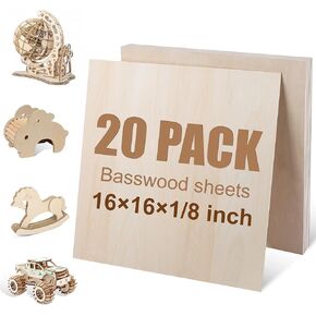 20 Pack Basswood Sheets 16"x16"x1/8", 3mm Basswood for Laser Cutting and Engraving,Thin Plywood Board Unfinished Wood for Crafts, DIY Ornaments and Architectural Model, Wood Burning.
