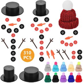 Souarts 310 PCS DIY Christmas Snowman Kit, Mini Knit Christmas Hats Snowman Buttons Noses, Mini Snowman Hats for Craft, for Christmas Snowman Crafting and Sewing Supplies