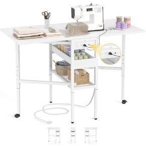 Folding Sewing Table with Charging Station, Height Adjustable Craft Table with Storage Shelves, 50" Foldable Sewing Machine Table, Portable Cutting Table for Sewing Room Craft Room, White