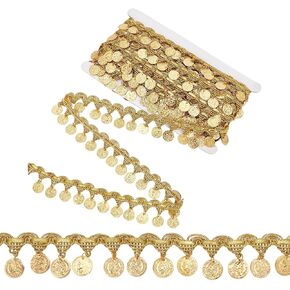 OLYCRAFT 10 Yards Gold Coin Shape Sequin Tassel Trim Sequins Lace Tassel Fringe Trim 1.6 Inch Width Sequins Tassel Lace Ribbon Fringe Dance Dress Belt Chain for Clothes Decoration Party Accessories