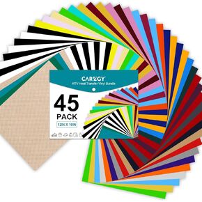 CAREGY HTV Vinyl Bundle Heat Transfer Vinyl 12"x10" - 45 Pack Includes 30 Pack Assorted Colors Sheets and 2 Sheets Teflon, Iron On Vinyl for DIY T-Shirts Fabrics