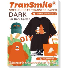 TranSmile PU-Heat Transfer Paper for T Shirts (50 Sheets, 8.5 x 11'') Printable Heat Transfer Vinyl for Dark Fabrics Iron on Transfers for Inkjet Printer (D-50)